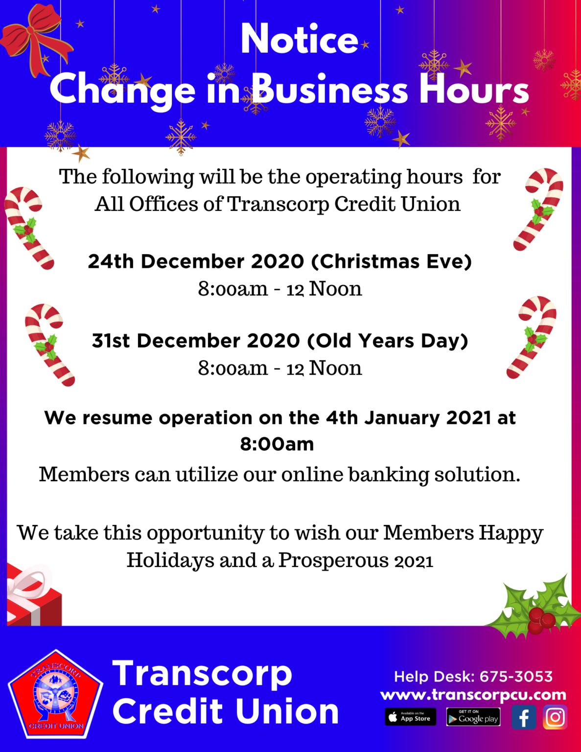 Holidays Opening Hours Credit Union